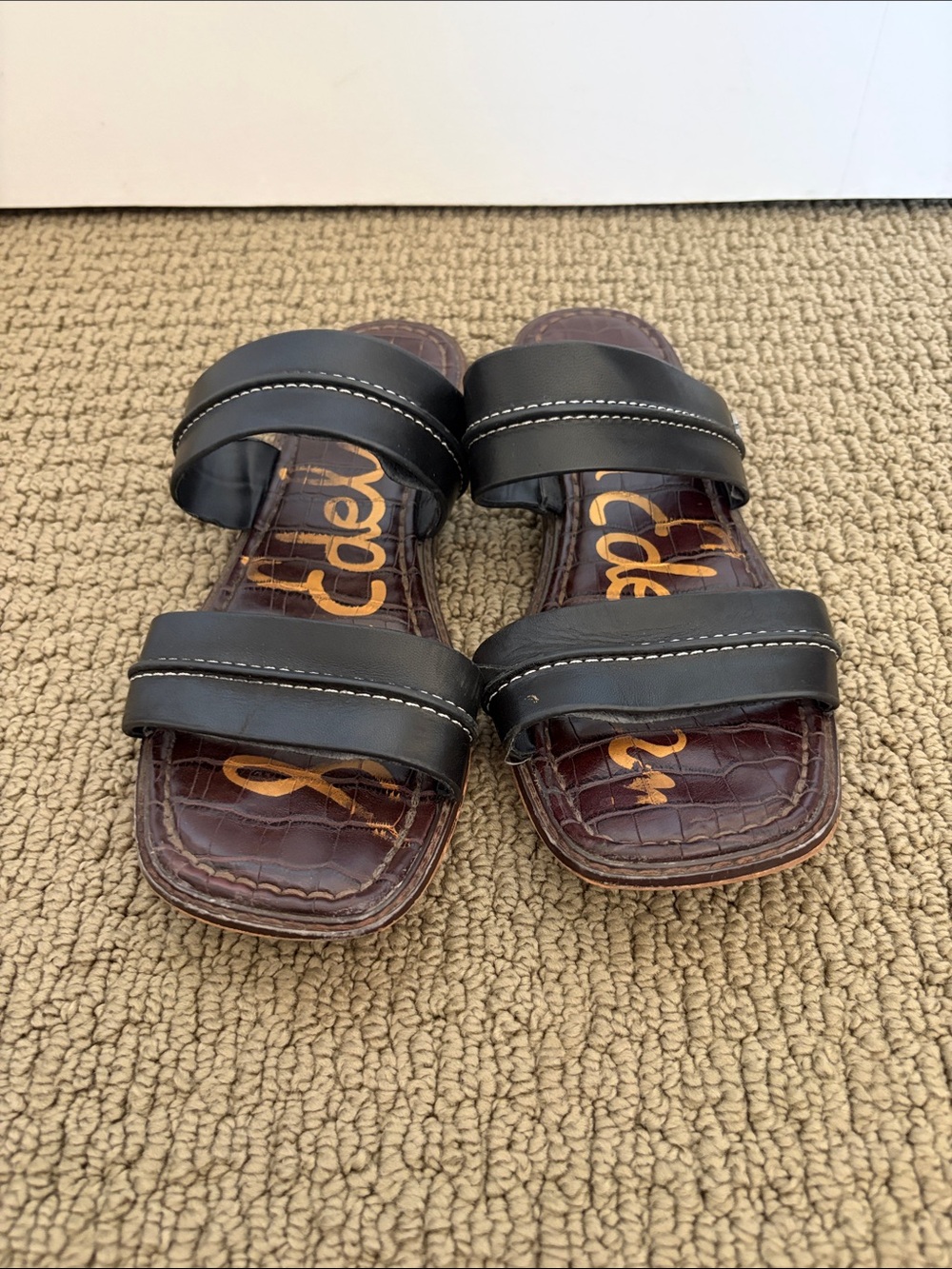 Sam Edelman Black Double-Strap Slide Sandals with Brown Insole
